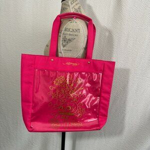 Ed Hardy Pink Tote beach travel bag Bag Gold Skull & Flowers Design "Do Or Die"